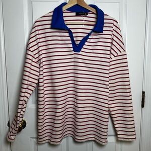 ZESICA Striped Collared V-Neck Top Pink White Blue Contrast Size Large NWOT